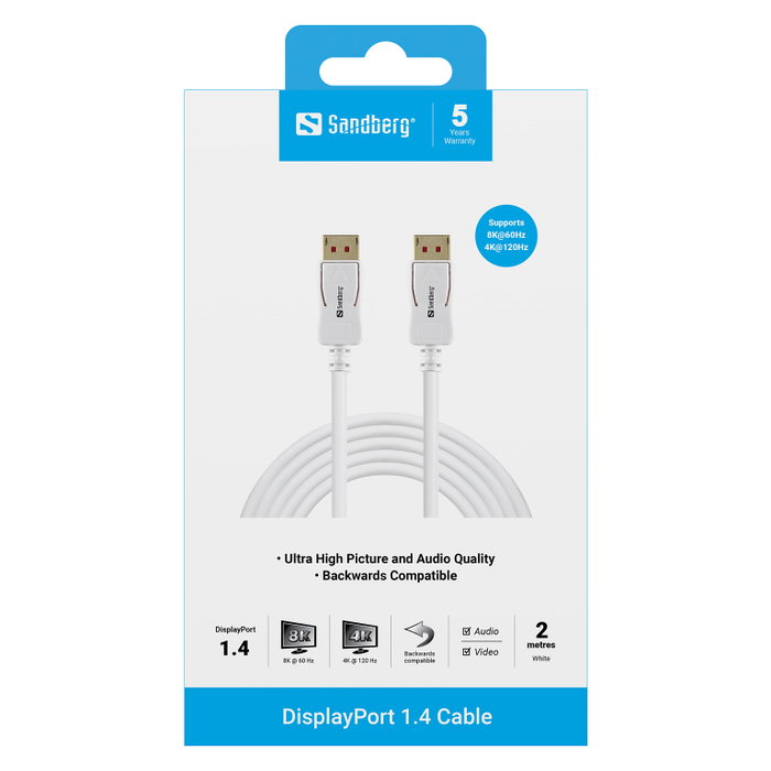 Sandberg Cable DisplayPort 1.4 8K 2m Blanco