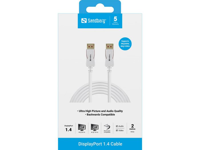 Sandberg Cable DisplayPort 1.4 2m - 8K 60Hz, 4K 120Hz, Compatible con Ordenador y Monitor, Alta Calidad de Video y Audio