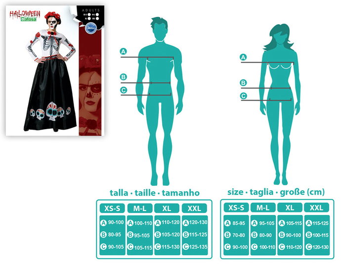 Disfraz Esqueleto Mejicano Catrina para Mujer Talla XXL - Vestido y Cinturón con Calaveras para Halloween / Día de Muertos - Temática Adulto