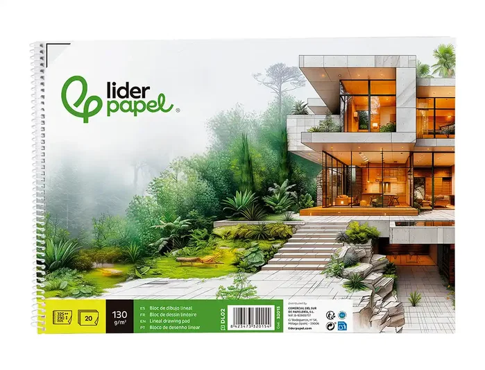 Liderpapel Bloc de dibujo lineal arquitectura espiral 230x325 mm 20 hojas 130g/m2 con recuadro perforado