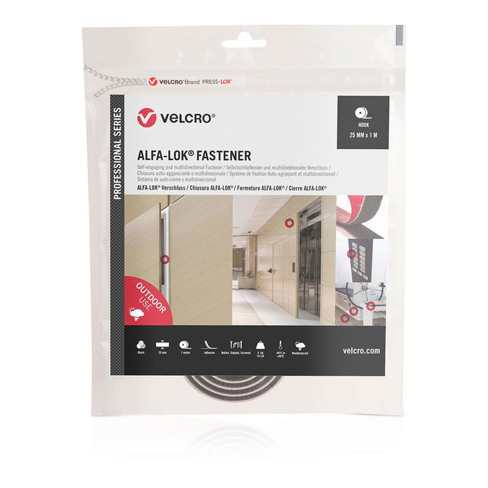 Velcro Cinta Alfa-Lok Lineal de Gancho Negra 25mm x 1m