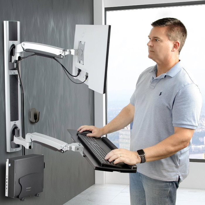 StarTech.com Estación de Trabajo Soporte de Pared para Monitor VESA de 27-32 Pulgadas con Bracket para CPU y Bandeja para Teclado/Ratón