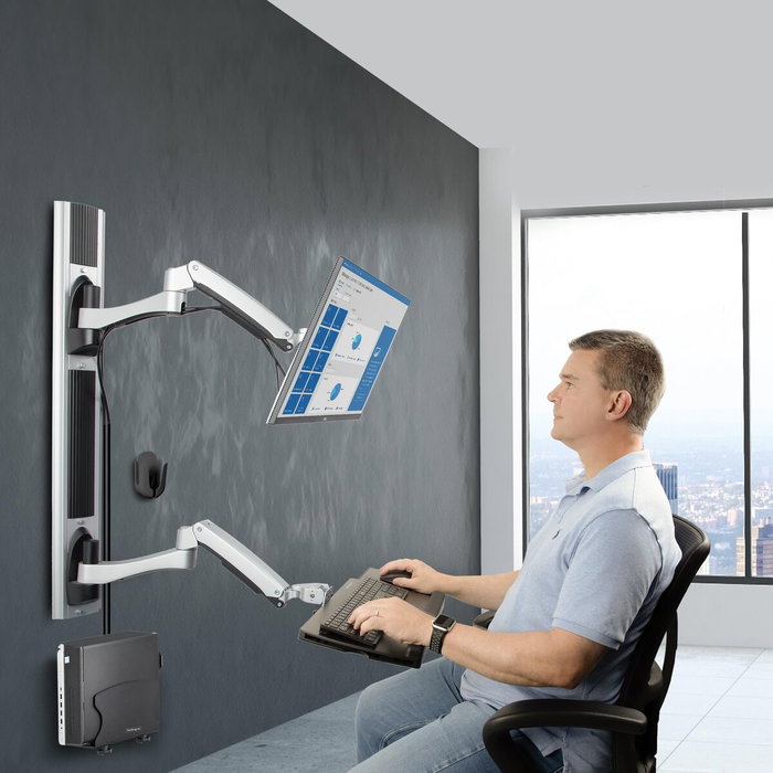 StarTech.com Estación de Trabajo Soporte de Pared para Monitor VESA de 27-32 Pulgadas con Bracket para CPU y Bandeja para Teclado/Ratón