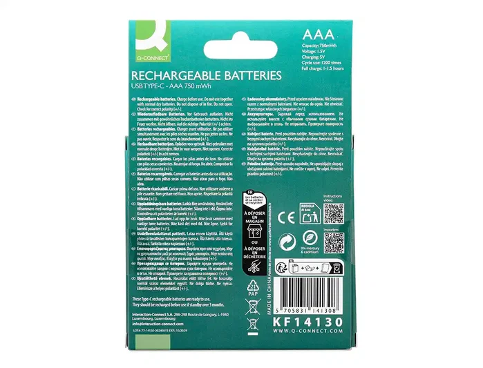 Q-connect Pilas AAA Recargables USB-C 500mAh (4 unidades)