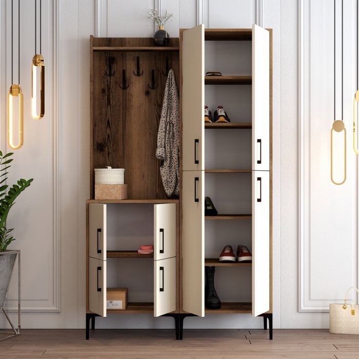 Hanah Home Berlin BA Recibidor Nogal, Crema - Mueble de Entrada con Perchero y Estantes, 120x200x35 cm