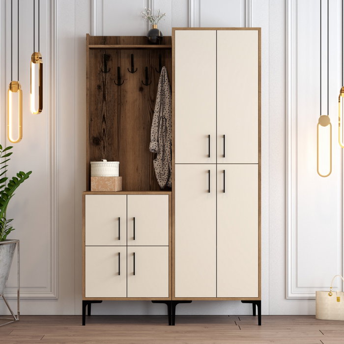 Hanah Home Berlin BA Recibidor Nogal, Crema - Mueble de Entrada con Perchero y Estantes, 120x200x35 cm