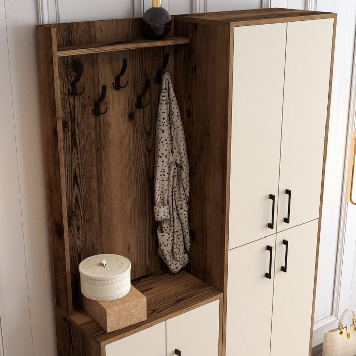 Hanah Home Berlin BA Recibidor Nogal, Crema - Mueble de Entrada con Perchero y Estantes, 120x200x35 cm