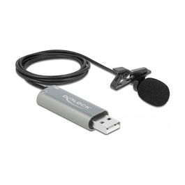 DeLOCK Micrófono de solapa USB omnidireccional 24 bit/192 kHz con clip y puerto de auriculares de 3.5 mm, cable de 2 m, negro