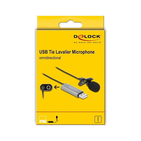 DeLOCK Micrófono de solapa USB omnidireccional 24 bit/192 kHz con clip y puerto de auriculares de 3.5 mm, cable de 2 m, negro