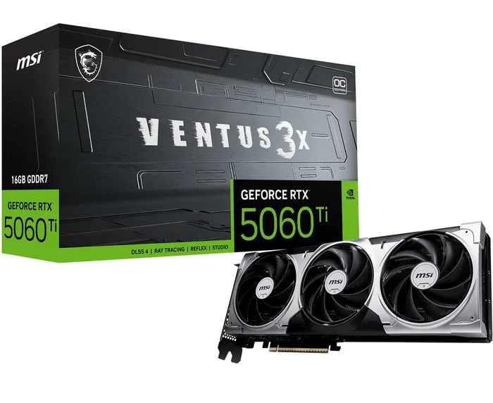 MSI Tarjeta Gráfica GeForce RTX 5060 Ti Ventus 3X OC V812-072R - 16 GB GDDR7 - 3x DisplayPort, HDMI 2.1b - PCIe 5.0 - Overclocked