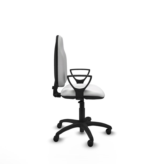 Silla de oficina Algarra con mecanismo Contacto permanente básico tapizada con Tela color Blanco. Equipada con Base poliamida negra, Brazos fijos y Ruedas autofrenantes