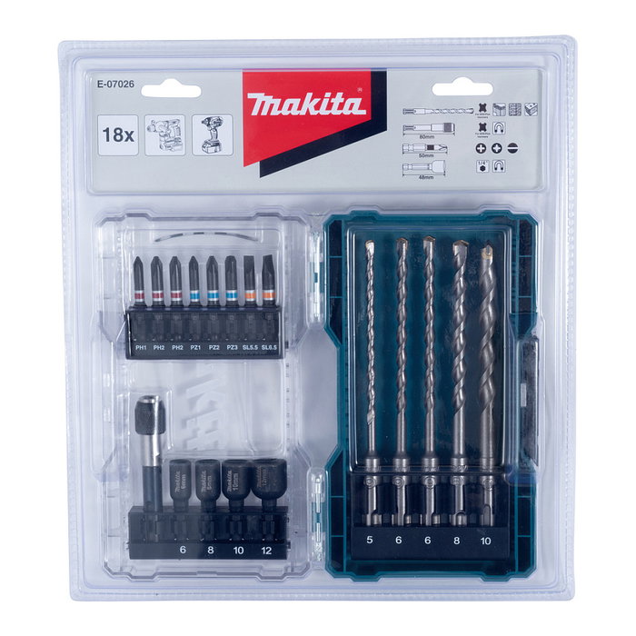 Makita E-07026 Juego de Brocas y Bits SDS Plus de 18 Piezas