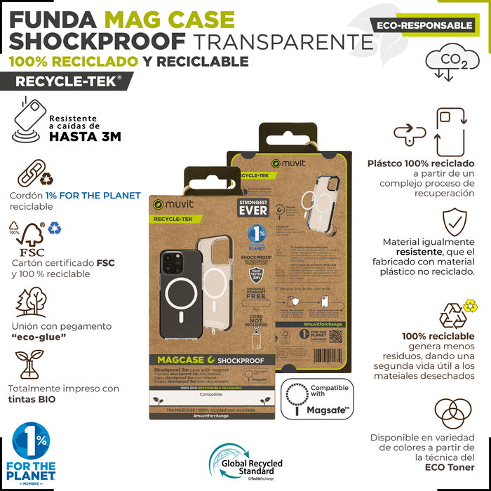 Muvit Funda Recycletek Shockproof para iPhone 15 de Material Reciclado y Reciclable