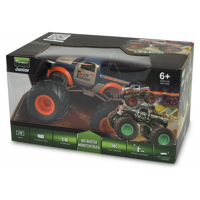 AMEWI RC Monstertruck Big Buster 1:18 RTR, Buggy Eléctrico, Escala 1:18, Color Naranja/Azul, para 6+ Años, Ref. 22483