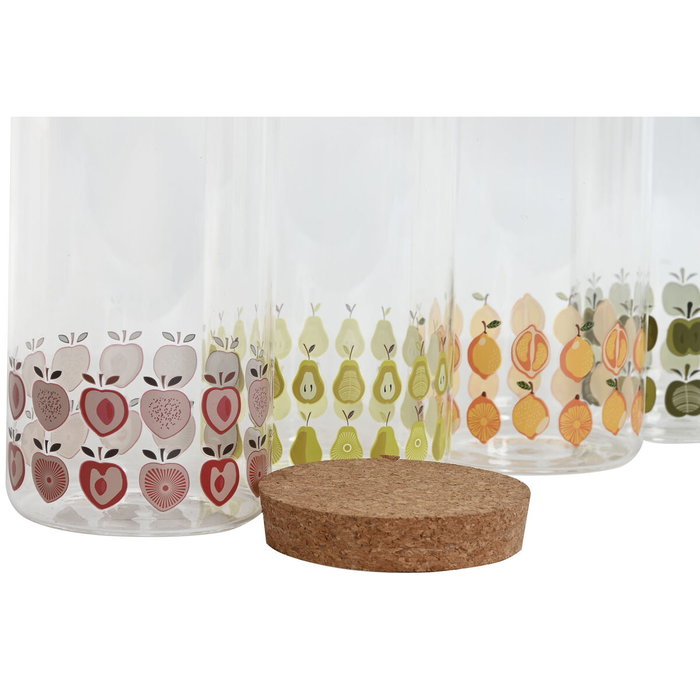 DKD Home Decor Set de 4 Botes de Borosilicato 1L con Tapa de Corcho y Diseño de Frutas