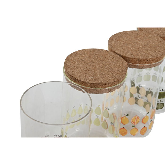 DKD Home Decor Set de 4 Botes de Borosilicato 1L con Tapa de Corcho y Diseño de Frutas