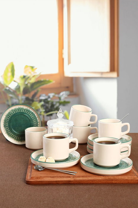 Hermia Juego de Tazas de Té Apilables CTKCAYSTACKABLE20789980012, 12 Piezas, Cerámica, Blanco y Verde, Taza 8cm/184ml, Plato 14cm Hermia Juego de Tazas de Té Apilables CTKCAYSTACKABLE20789980012, 12 Piezas, Cerámica, Blanco y Verde, Taza 8cm/184ml, Plato 14cm
