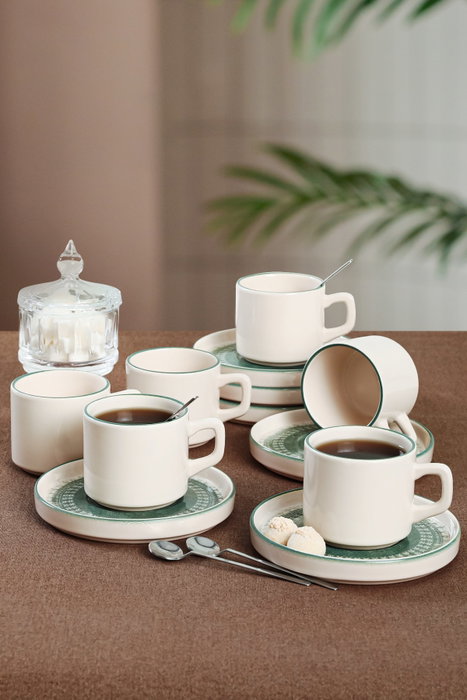 Hermia Juego de Tazas de Té Apilables CTKCAYSTACKABLE20789980012, 12 Piezas, Cerámica, Blanco y Verde, Taza 8cm/184ml, Plato 14cm Hermia Juego de Tazas de Té Apilables CTKCAYSTACKABLE20789980012, 12 Piezas, Cerámica, Blanco y Verde, Taza 8cm/184ml, Plato 14cm