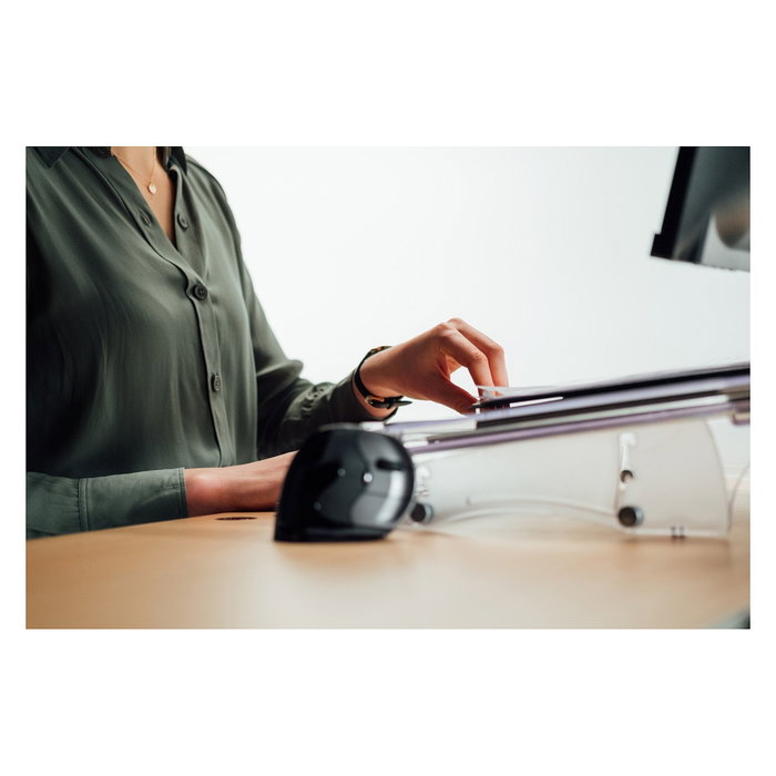 BakkerElkhuizen FlexDesk 640 Soporte para Documentos Ajustable, Altura 110-180 mm, 3 Ángulos, Material Reciclado, Gris/Transparente