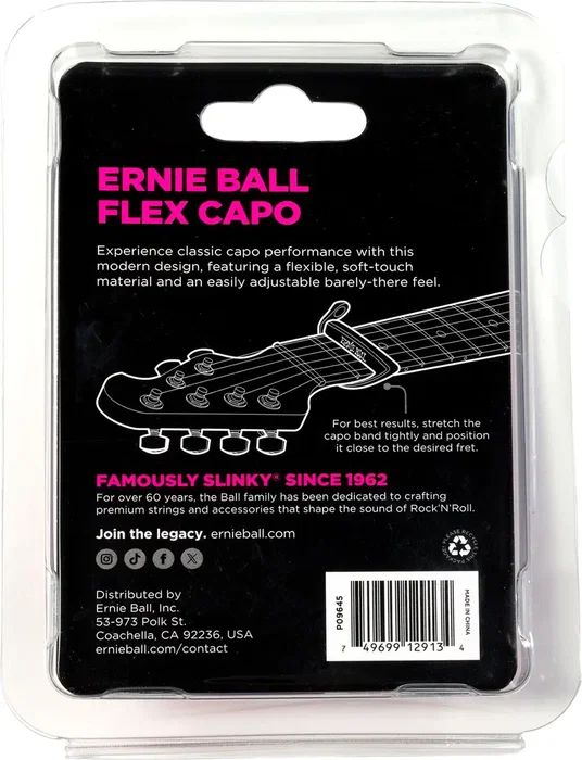 ERNIEBALL Cejilla EB Flex Negra, Capotraste Ajustable de Silicona para Guitarra de 6 y 7 Cuerdas, Diseño Compacto y Plegable, Transiciones Fluidas