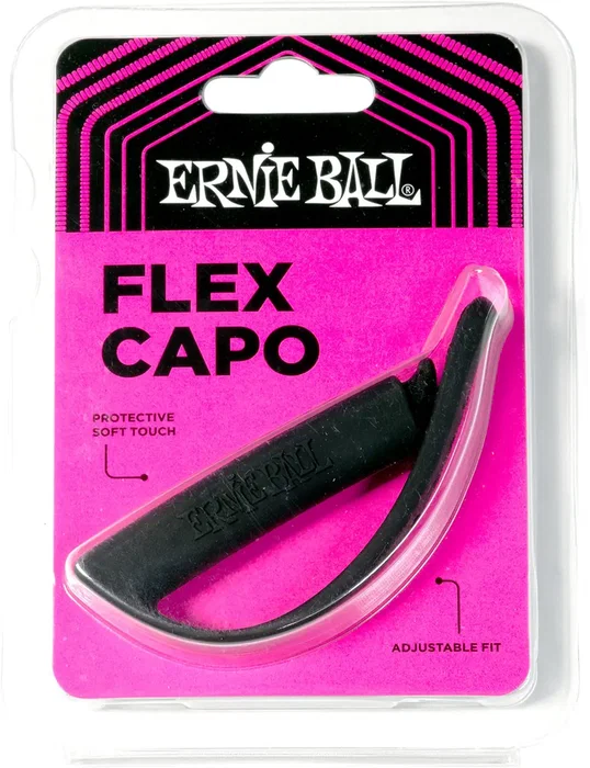 ERNIEBALL Cejilla EB Flex Negra, Capotraste Ajustable de Silicona para Guitarra de 6 y 7 Cuerdas, Diseño Compacto y Plegable, Transiciones Fluidas