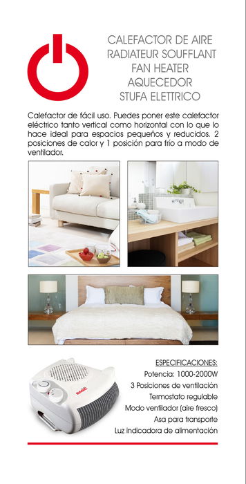 Basic Home Calefactor Aire 1000-2000W 2 Posiciones Calefactor Calentador 12 cm x 24 cm x 25 cm (4 Unidades)