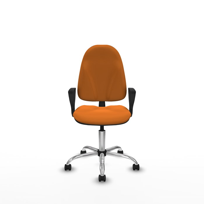 Silla de oficina Algarra con mecanismo Contacto permanente básico tapizada con Similpiel color Naranja. Equipada con Base cromada, Brazos fijos y Ruedas autofrenantes