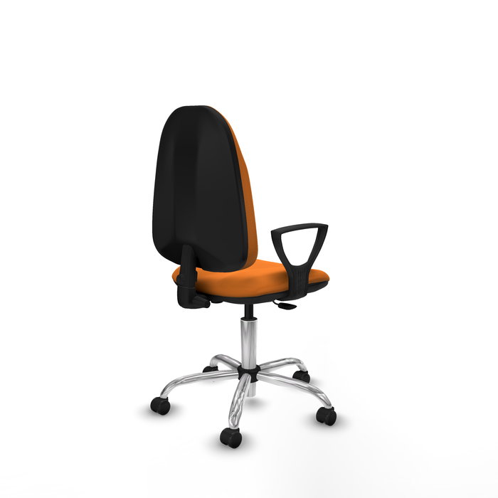 Silla de oficina Algarra con mecanismo Contacto permanente básico tapizada con Similpiel color Naranja. Equipada con Base cromada, Brazos fijos y Ruedas autofrenantes