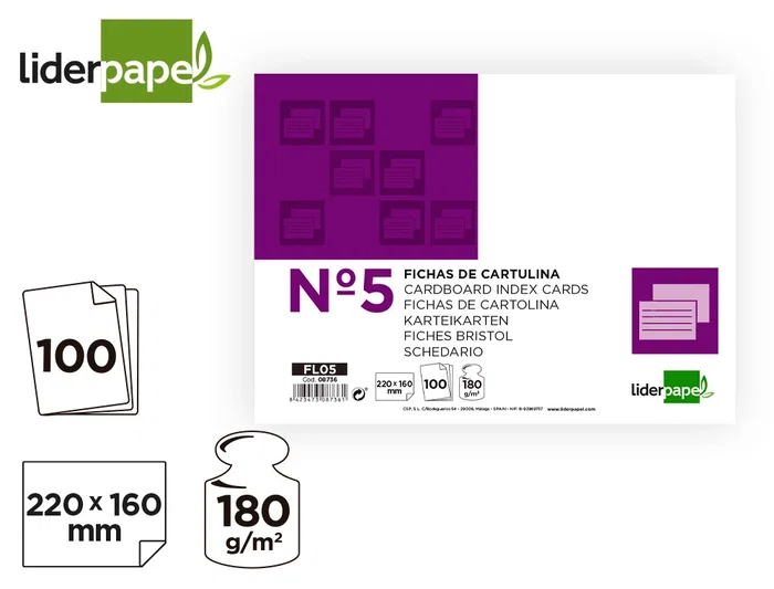 Liderpapel Ficha Lisa Nº5 160x220mm 180gr Paquete de 100 Unidades
