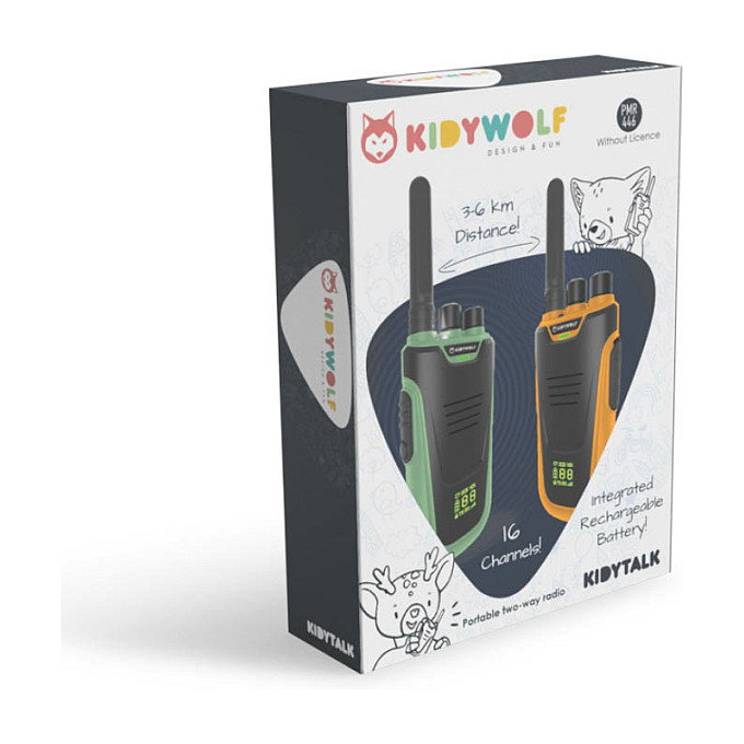 Kidywolf 418014 Walkie-Talkies para Niños con Luz/Taschenlampe, 2 Piezas, Alcance 6000 m, Recargables, Color Negro Verde Amarillo