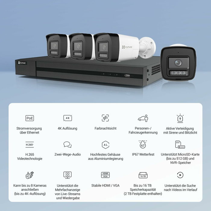 EZVIZ Kit de seguridad H3K PoE 4K con NVR de 8 canales y 2 TB de almacenamiento, Blanco