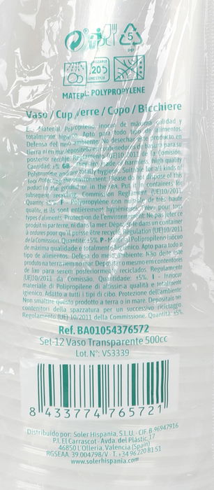 Algon Set-12 Vaso Transparente 500cc 9.3 x 9.3 x 12 cm (18 Unidades)