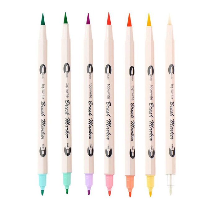 Top Write Rotuladores Doble Punta, Punta Fina 1 mm y Punta Pincel 1-6 mm, 7 uds, Colores Surtidos, Ø1.2 x 18.5 cm