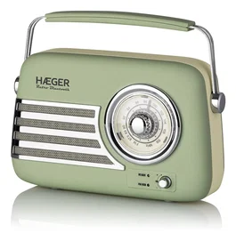 Haeger RB-GRE.001A Radio Portátil Analógica Retro Verde, Bluetooth 5.3, FM, USB-C, Entrada AUX, Batería Litio 1500 mAh, Autonomía 12h, Altavoces Incorporados