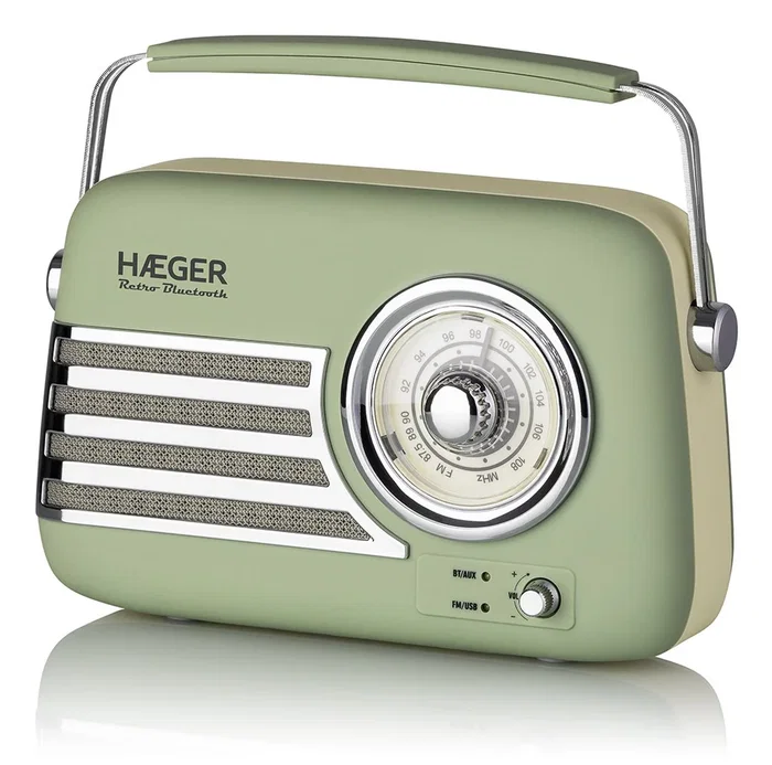 Haeger RB-GRE.001A Radio Portátil Analógica Retro Verde, Bluetooth 5.3, FM, USB-C, Entrada AUX, Batería Litio 1500 mAh, Autonomía 12h, Altavoces Incorporados