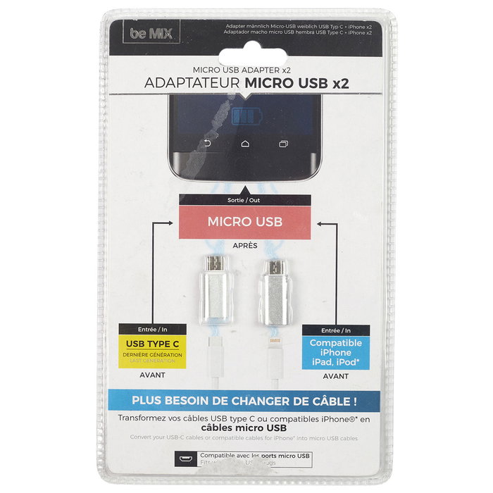 Be Mix Juego de 2 Adaptadores Micro USB (iPhone y USB-C) para convertir cables