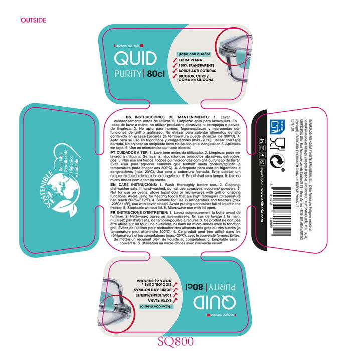 Recipiente Hermético Vidrio Purity Quid 16x16x6,9 cm - 80 cL