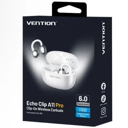 Vention Auriculares Bluetooth Echo Clip A11 Pro con estuche de carga, Autonomía 6h, Blancos, Bluetooth 6.0, Alcance 10m, USB-C, NBWW0-PH Vention Auriculares Bluetooth Echo Clip A11 Pro con estuche de carga, Autonomía 6h, Blancos, Bluetooth 6.0, Alcance 10m, USB-C, NBWW0-PH