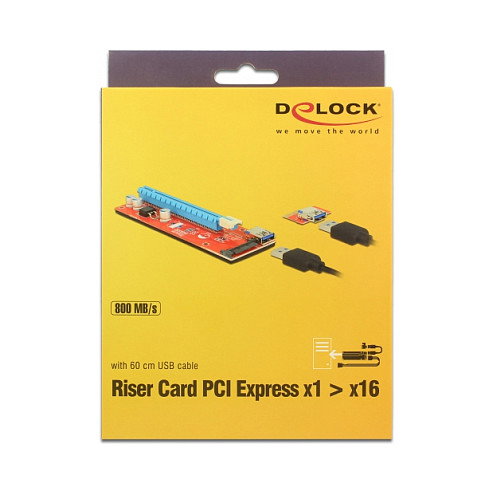 DeLOCK PCI Express Riser Card 41423, PCIe x1 a x16 con Cable USB de 60 cm y 2 Puertos USB 3.2 Gen 1 - Interno, SATA