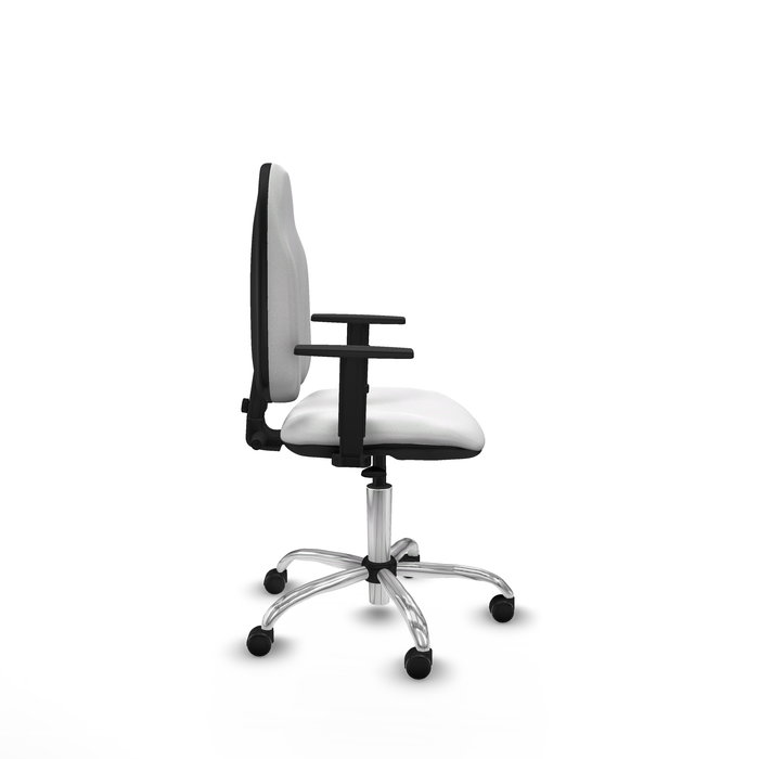 Silla de oficina Algarra con mecanismo Contacto permanente básico tapizada con Tela color Blanco. Equipada con Base cromada, Brazos 1D y Ruedas autofrenantes