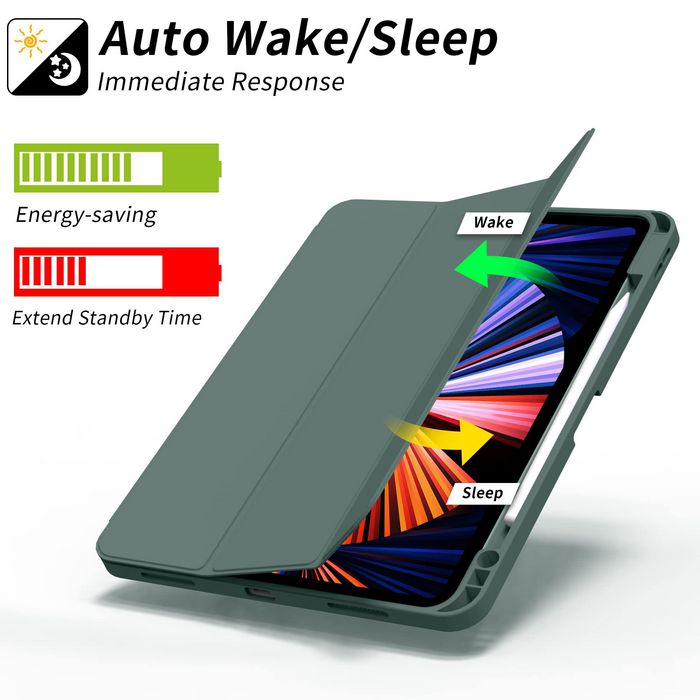 eSTUFF Estuche Miami para iPad Pro 12.9 2022/2021 de cuero PU verde oscuro. Compartimento para lápiz, auto encendido/apagado y 2 modos de soporte.