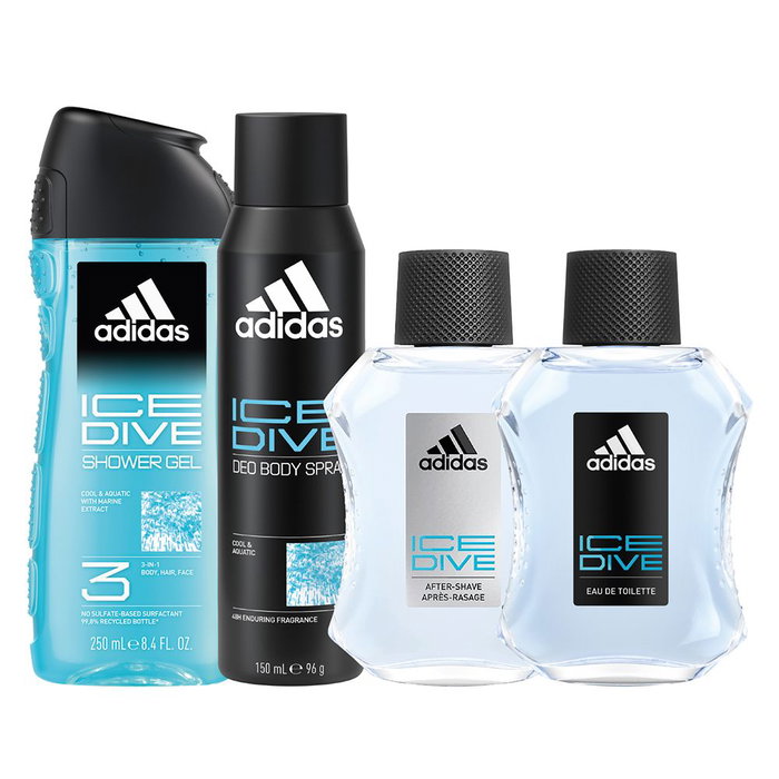 Adidas ICE DIVE Estuche 4 pz Eau de Toilette Aromática Especiada para Hombre, Set de 4 Piezas Adidas ICE DIVE Estuche 4 pz Eau de Toilette Aromática Especiada para Hombre, Set de 4 Piezas