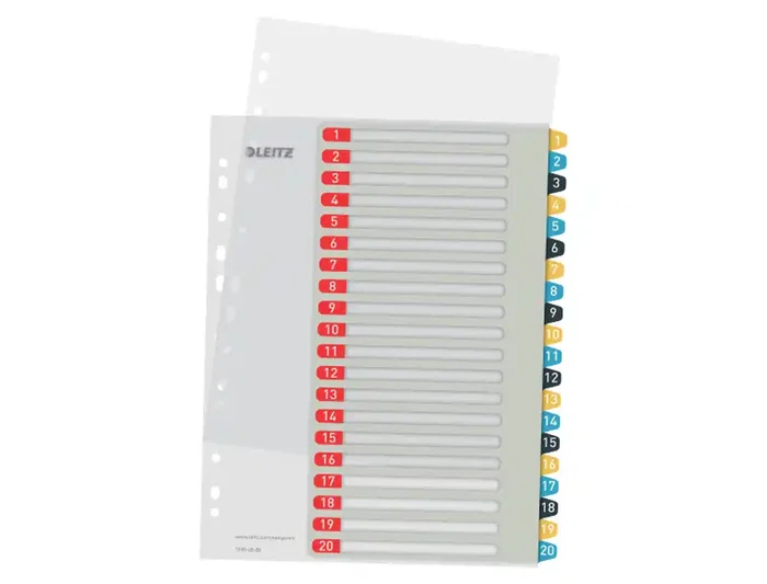 Leitz Separador de índice numérico 1-20 imprimible, Polipropileno, DIN A4 Multitaladro, Gama Cosy Leitz Separador de índice numérico 1-20 imprimible, Polipropileno, DIN A4 Multitaladro, Gama Cosy