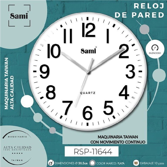 SAMI Reloj de pared Sami redondo de 30cm en madera con números en relieve