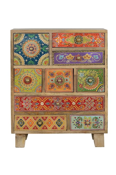 Giner y Colomer Mesita de Madera de Mango Pintada a Mano Multicolor con 9 Cajones