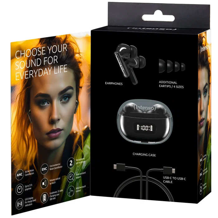 Intenso T310AE Auriculares True Wireless In-Ear Bluetooth 5.4 con Cancelación de Ruido ANC, Cancelación de Ruido en Llamadas ENC, Modo Juego, Negro