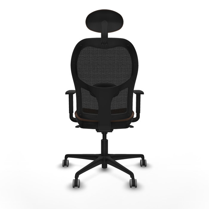 Silla de oficina Jorquera con mecanismo Sincro tapizada con Tela color Marrón oscuro y malla color Negro. Equipada con lumbar 1D, Brazos 1D, Cabecero Fijo y Ruedas 65 mm parqué