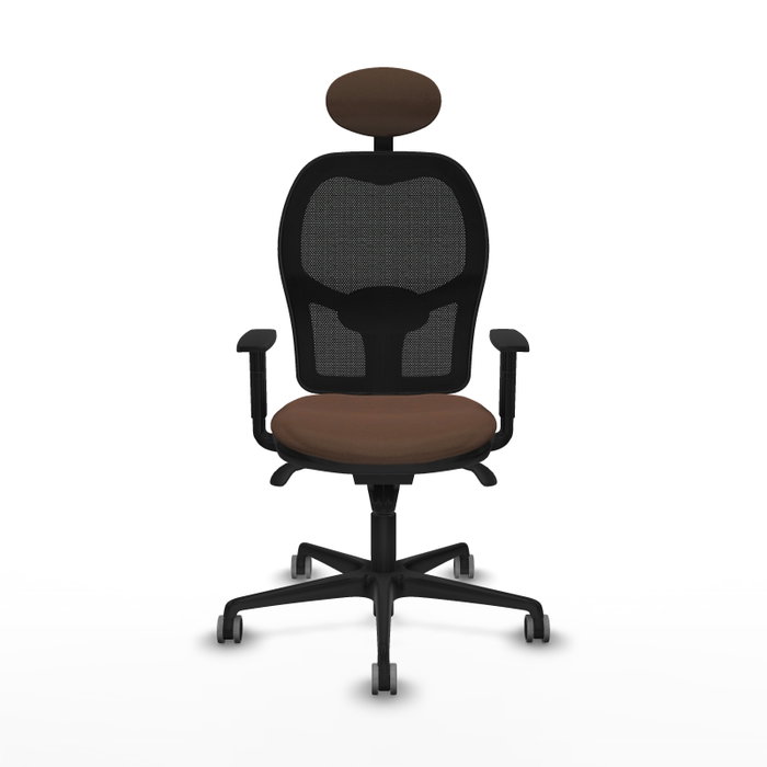 Silla de oficina Jorquera con mecanismo Sincro tapizada con Tela color Marrón oscuro y malla color Negro. Equipada con lumbar 1D, Brazos 1D, Cabecero Fijo y Ruedas 65 mm parqué