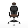 Silla de oficina Jorquera con mecanismo Sincro tapizada con Tela color Marrón oscuro y malla color Negro. Equipada con lumbar 1D, Brazos 1D, Cabecero Fijo y Ruedas 65 mm parqué