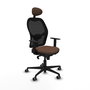 Silla de oficina Jorquera con mecanismo Sincro tapizada con Tela color Marrón oscuro y malla color Negro. Equipada con lumbar 1D, Brazos 1D, Cabecero Fijo y Ruedas 65 mm parqué